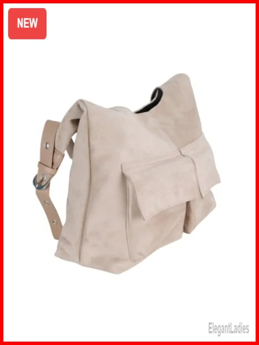 Faux Suede Tote Bag with Double Magnetic Snap Closure - Hobo Shoulder Bag